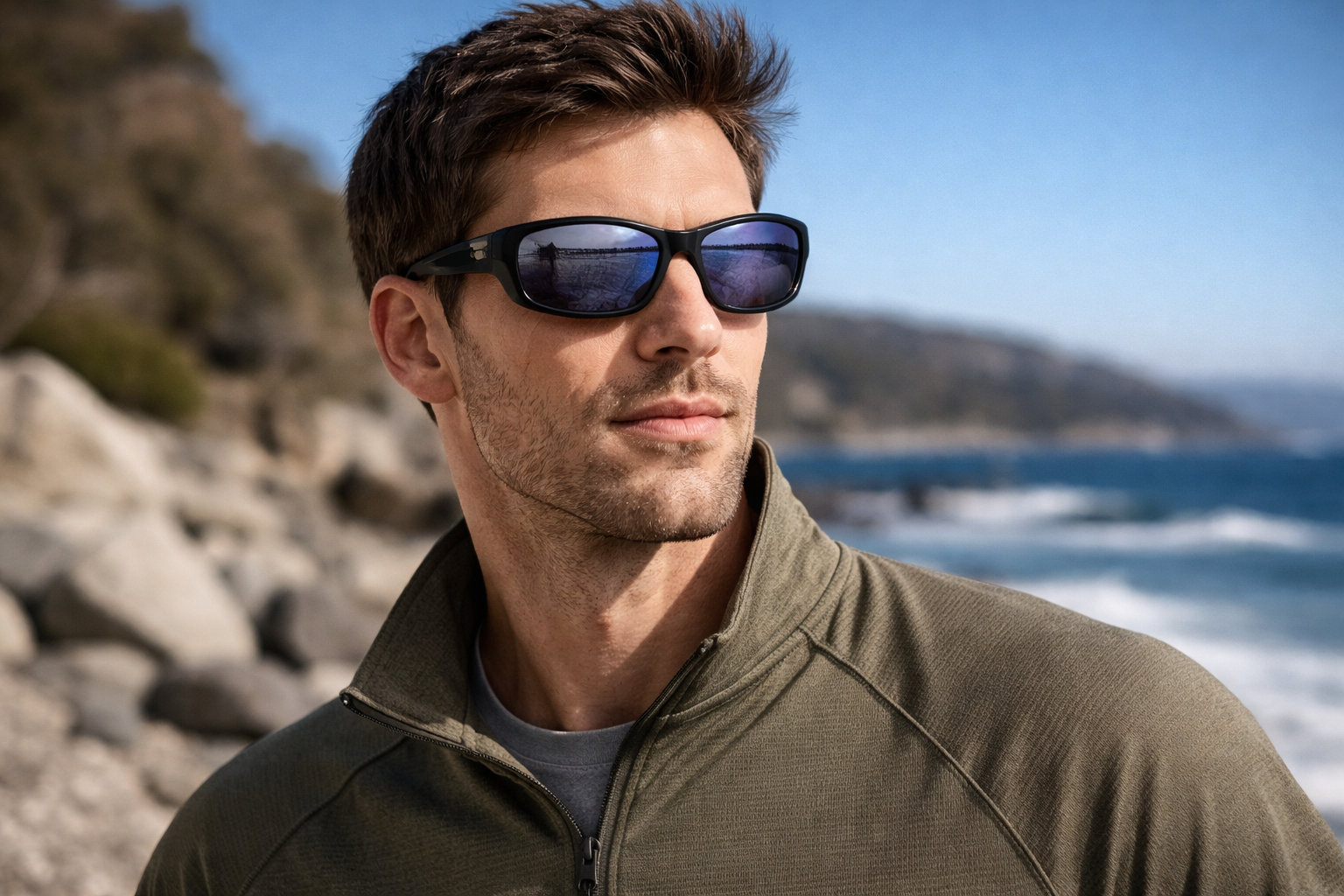 Man wearing sporty TR90 sunglasses on a rocky beach with the ocean in the background.