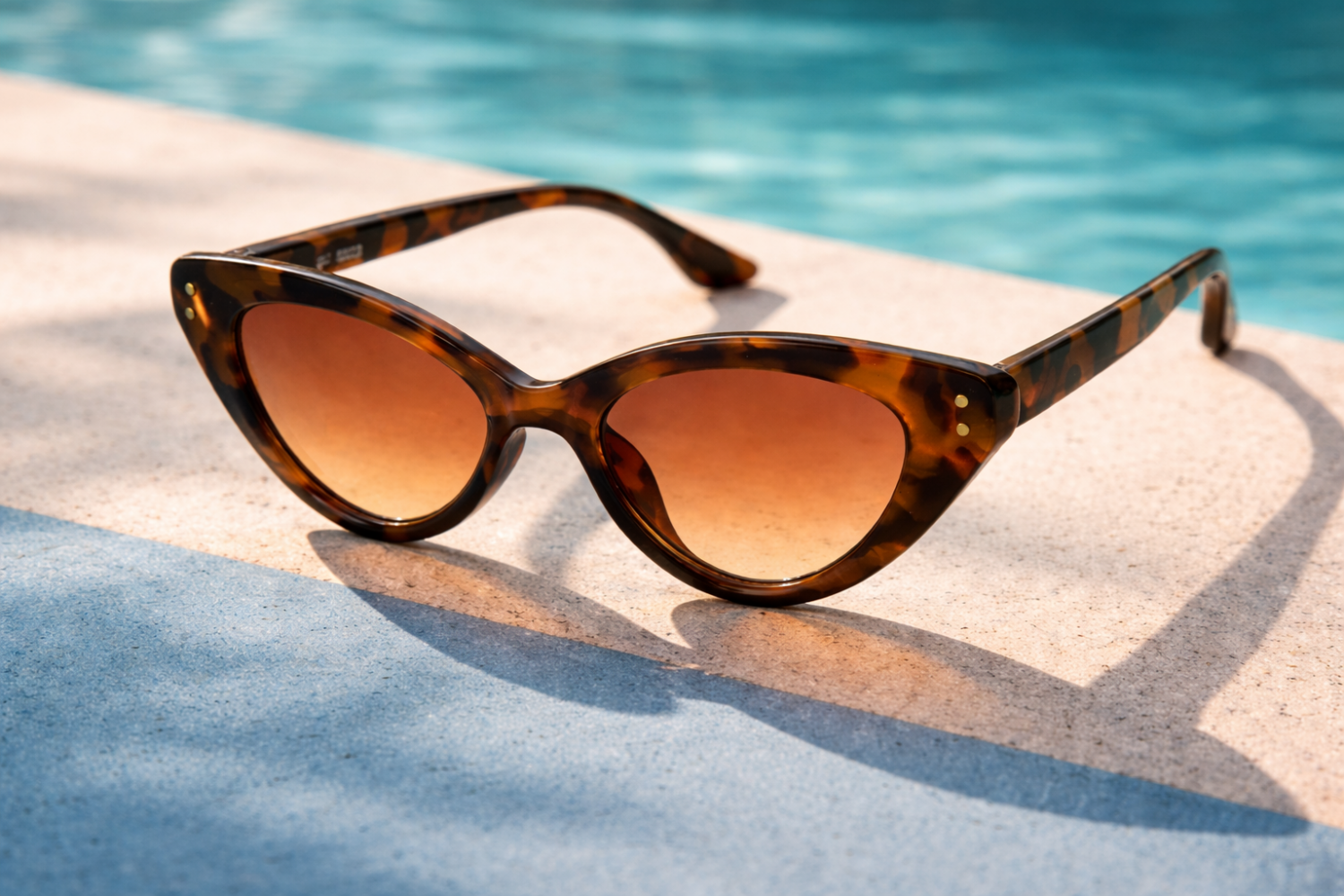Brown turtle cat-eye sunglasses made of acetate on the edge of a blue pool in the sun.
