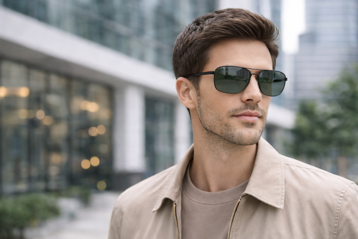 Stylish man wearing black sunglasses in urban setting in front of an eyewear store.