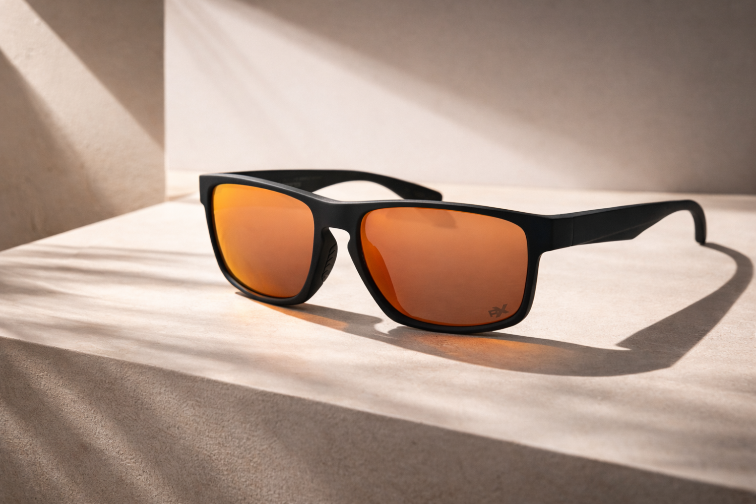 Gafas de sol TR90 negro mate con lentes de espejo naranja sobre una base de piedra con juego de sombras.