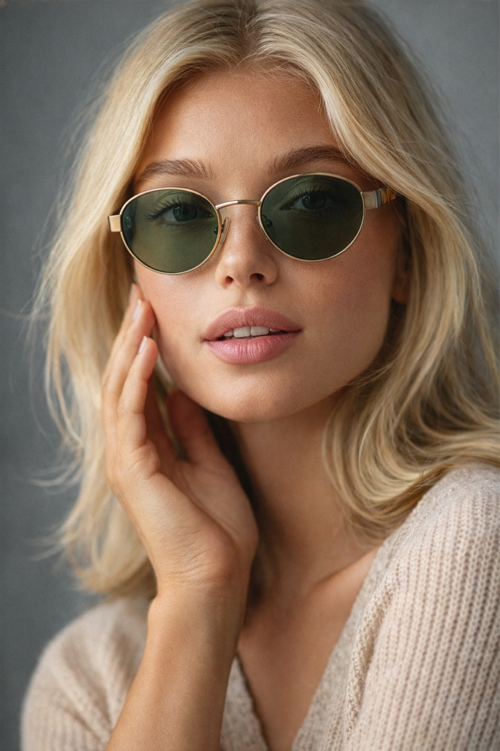 Mujer rubia con elegantes gafas de sol ovaladas doradas y cristales verde oscuro.