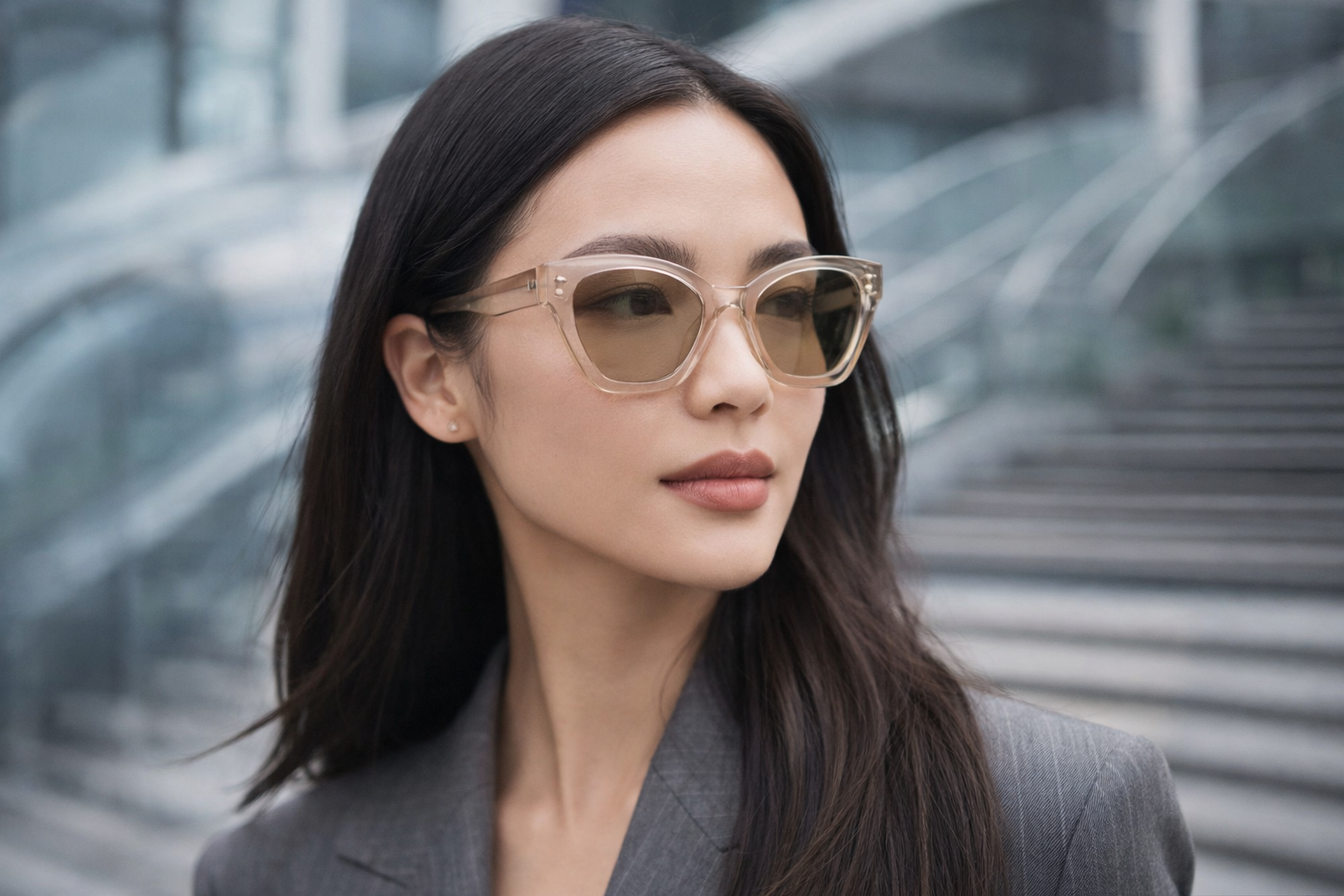 Vrouw met beige cat-eye zonnebril en grijze blazer, collectie voor white label optiek.